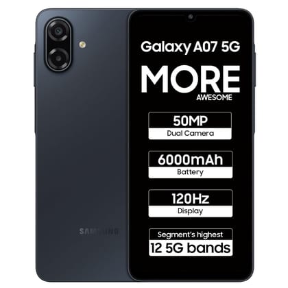 Samsung Galaxy A07 5G Smartphone (Black, 6GB RAM, 128GB Storage) | 120Hz Refresh Rate | Massive 6000mAh Battery | 50MP True Dual Camera | 6 Gen OS Upgrades | Knox Vault Samsung Galaxy A07 5G Smartphone (Black, 6GB RAM, 128GB Storage) | 120Hz Refresh Rate | Massive 6000mAh Battery | 50MP True Dual Camera | 6 Gen OS Upgrades | Knox Vault