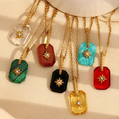 Rectangle Star Transparent 18K Gold Stainless Steel Anti Tarnish Pendant Chain Necklace For Women-Pink