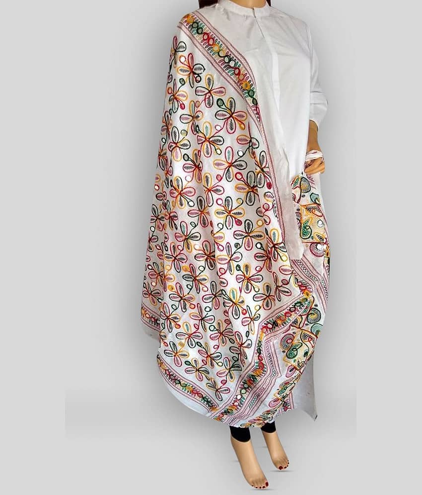 Raj White Cotton Kutch Embroidered Dupatta - Single