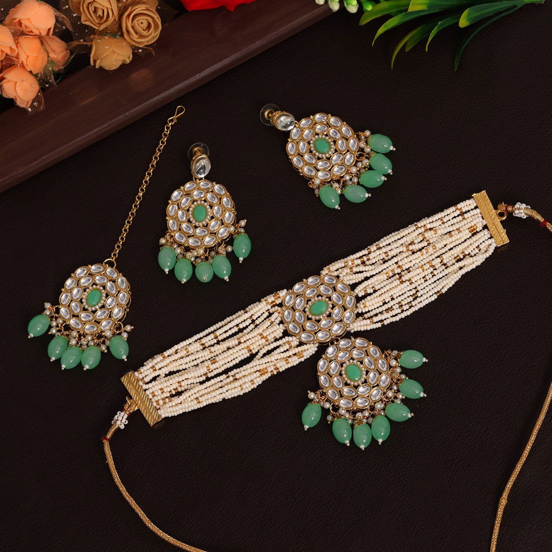 Pink & Parrot Green Color Long Kundan Necklace Set-Necklace Length: 54.00 CM x Width: 3.50 CM / Pink, Green / Alloy With Good Quality Gold Plated