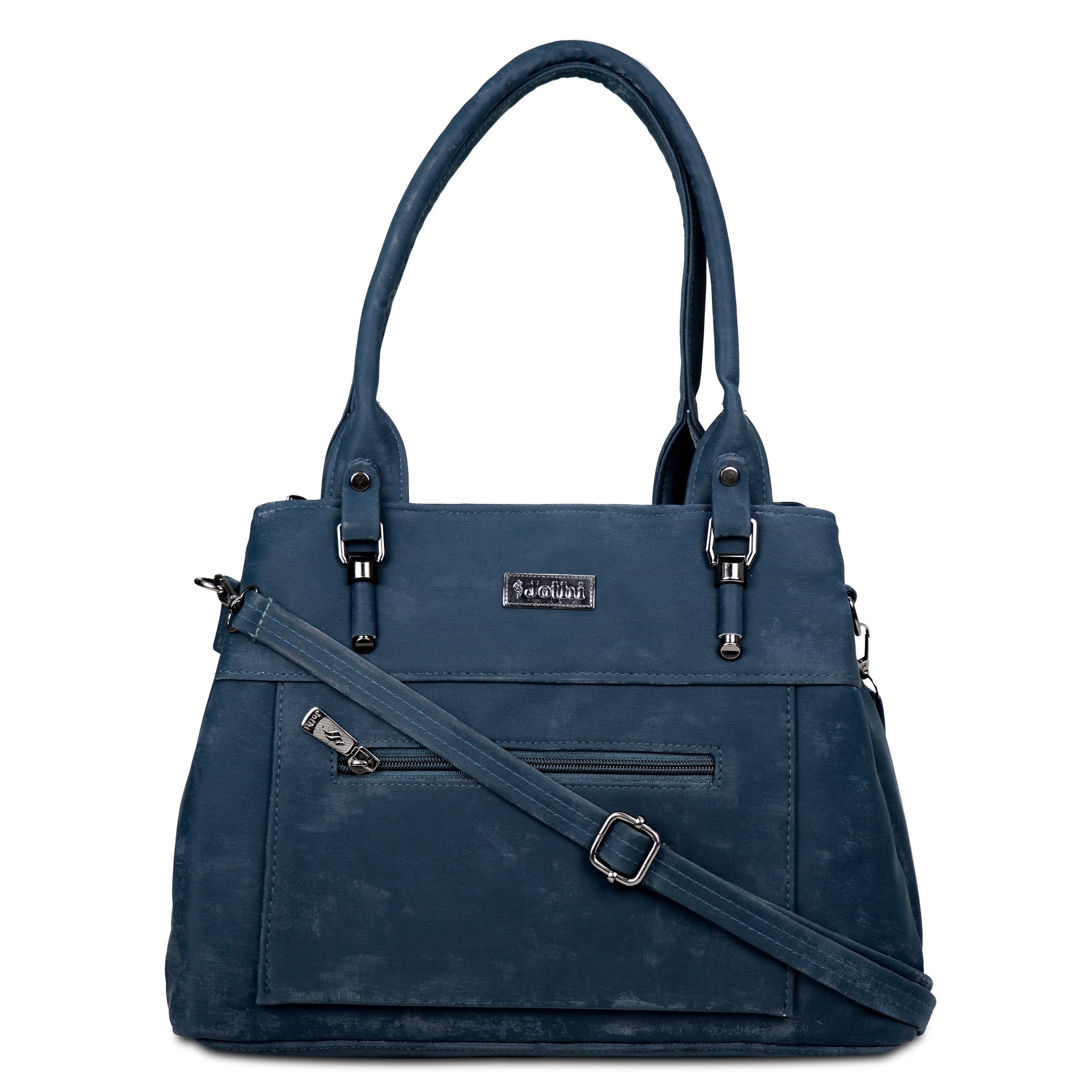 Jothi Roselle Premium Womens Handbag | Brushed Velvet & Synthetic Leather Tote | 3-Compartment Organizer | Adjustable & Detachable Sling Strap | Soft Base | Navy Blue
