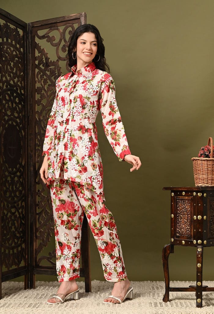 Chikankari Cord Set in Mulmul Set - Floral Print Red