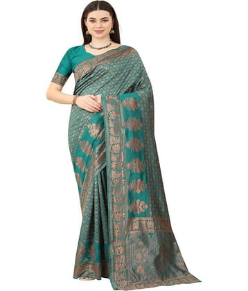 NENCY FASHION Banarasi Silk Embellished Saree With Unstitched Blouse Piece ( Green )