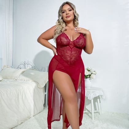 LOVEBIRD Baby Doll Chemise Red Floral Lace Sheer Maxi DN807 LOVEBIRD Baby Doll Chemise Red Floral Lace Sheer Maxi DN807