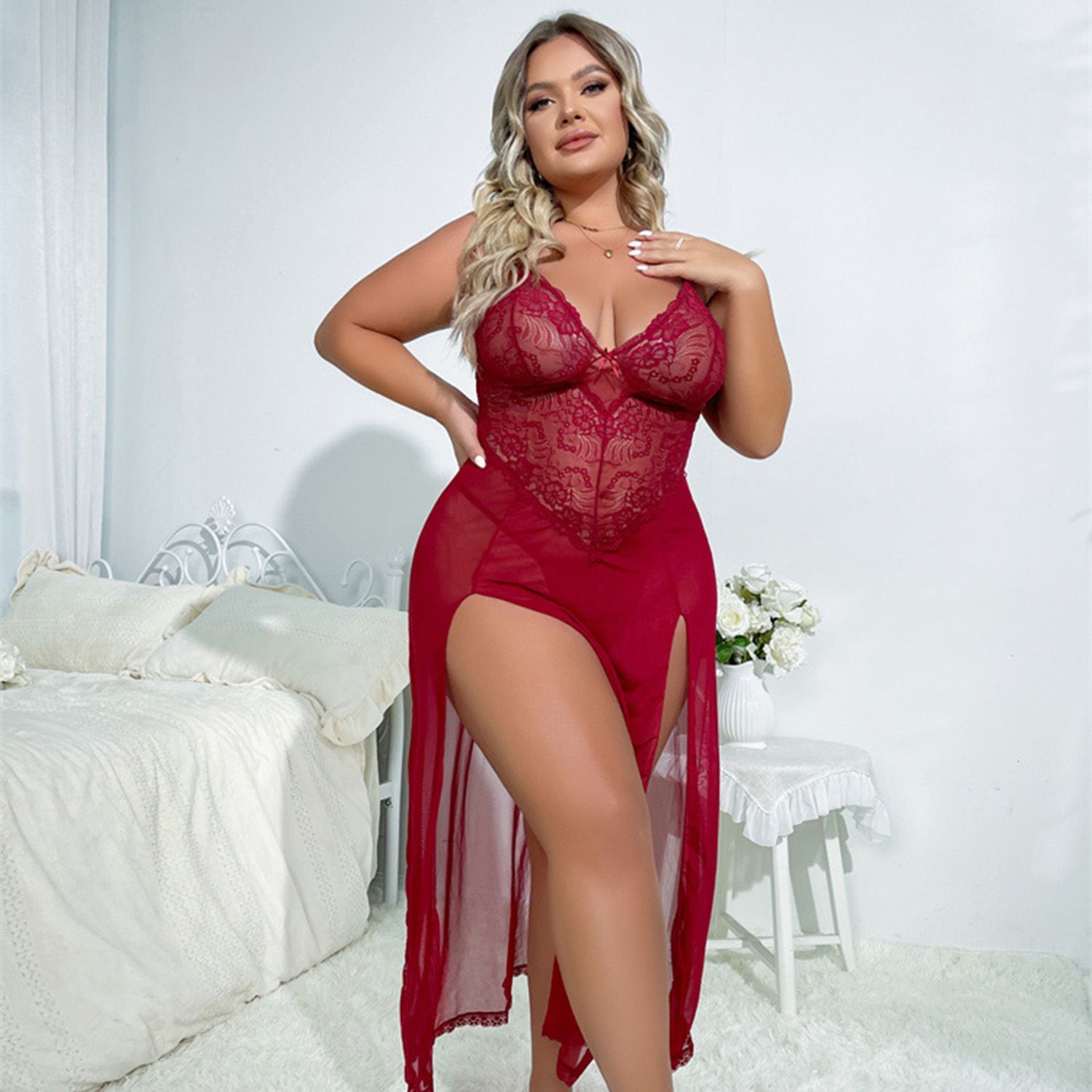 LOVEBIRD Baby Doll Chemise Red Floral Lace Sheer Maxi DN807