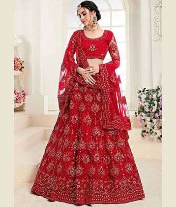 Keyura Red Net Unstitched Semi Stitched Lehenga Single