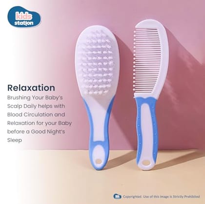 Kids Station 2 in 1 Grooming Kit for New Born Baby - Baby Comb and Hair Brush - Kids Accessories Set - Ideal for Travelling & Home Use - Accessories Set To Keep Infants & Toddlers Clean - Perfect Nursery Gift - (Blue)
