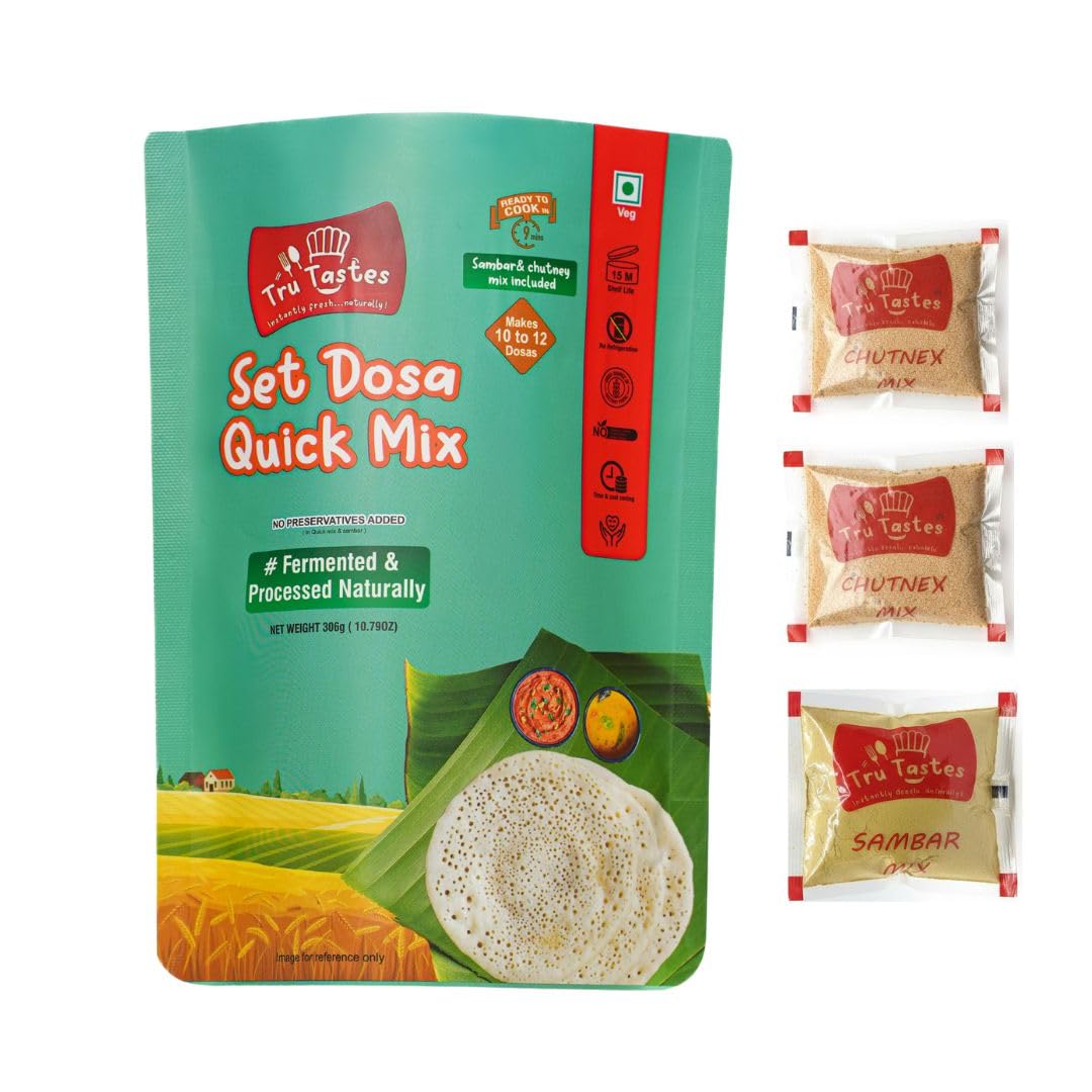 Tru Tastes Set Dosa Quick Mix with Sambar,Chutney and Penut Chutney, Fermented and Processed Naturally, Can make 10 dosas, Complete Breakfast Kit