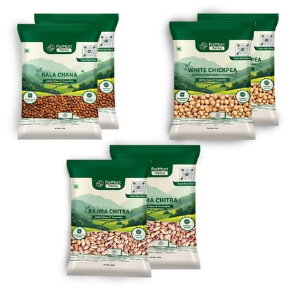 FarMart Pantry SuperPulse Protein Power Pack: White Chickpeas, Kala Chana & Rajma Chitra Combo | Pack of 2 Each (500 Gm X 6 Packs) | Ideal for Protein-Rich, Healthy Meals
