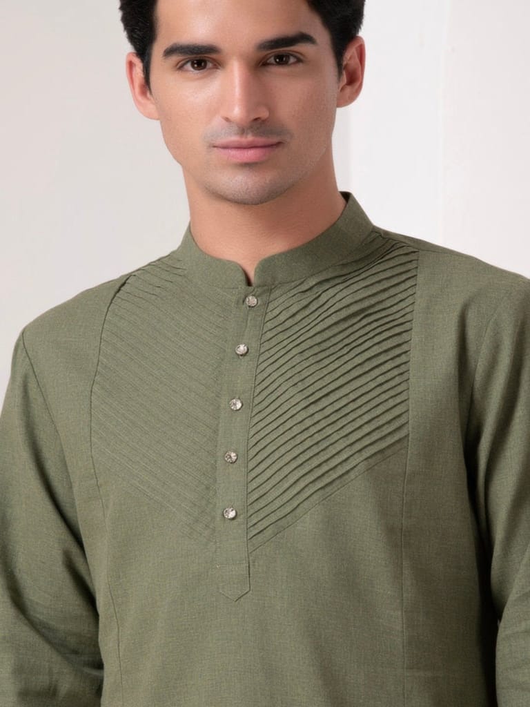 Olive Pleated Kurta Set