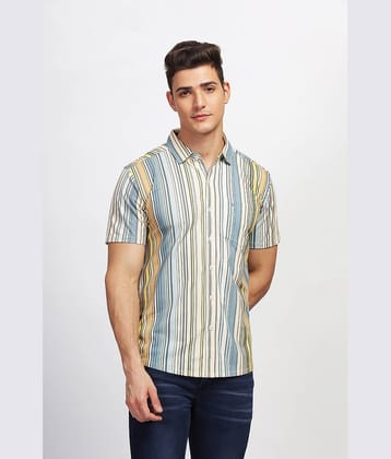 BULLMER Cotton Blend Regular Fit Striped Half Sleeves Men's Casual Shirt - Cream ( Pack of 1 )
