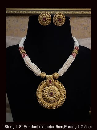 Self design circular pendant in multiple cheed string with gold bead and green bead detailing-Ruby white