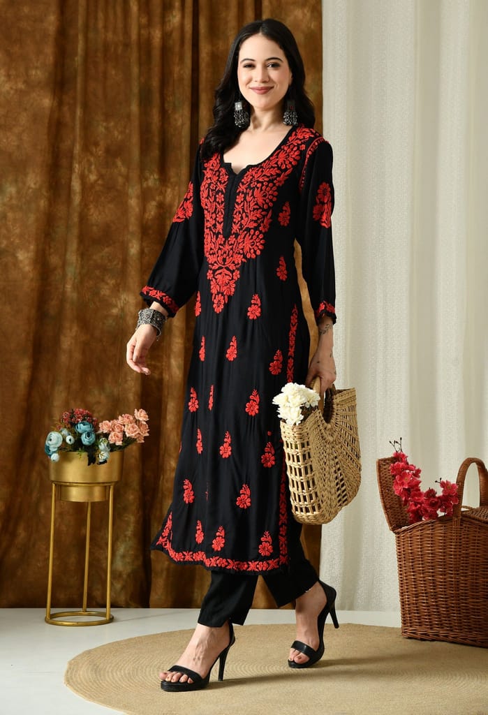 Black Kurta with Intricate Chikankari Work - Red