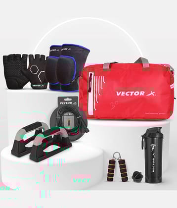 Vector X Gym Bag, Shaker, Pushup Bar, Skipping Rope, Hand Grip, Gym Gloves, Knee Support Home Gym FitnessCombo