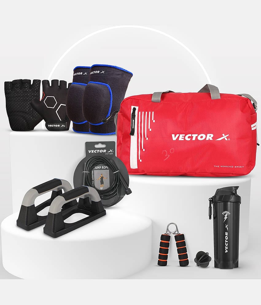 Vector X Gym Bag, Shaker, Pushup Bar, Skipping Rope, Hand Grip, Gym Gloves, Knee Support Home Gym FitnessCombo