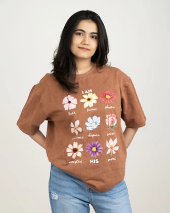 Bellbum Oversized Unisex T-Shirt Brown Crinkle Cotton – “I Am His” Faith & Floral Graphic Print-Cocoa Dust / S