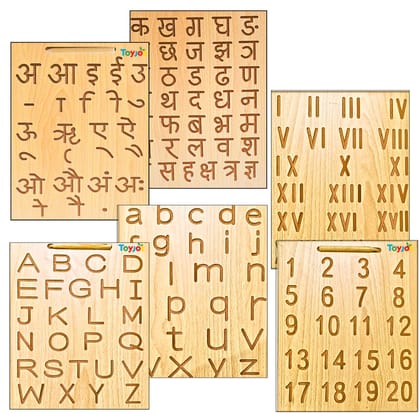 TOYJOS Kids Educational Wooden Tracing Board Set with Stylus Pen | Double-Sided Reversible Alphabets, Hindi, Numbers Writing Slate | Montessori Learning Writing Slate Toy (Age 2+, Set of
