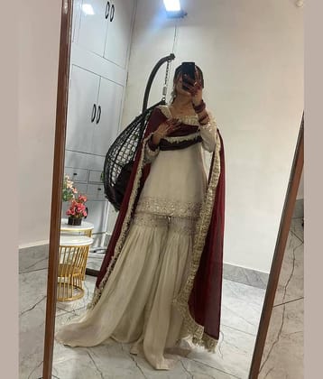 YASHASVI ENTERPRISE Women Silk Solid Ethnic Motifs Kurti With Sharara And Gharara ( Cream )