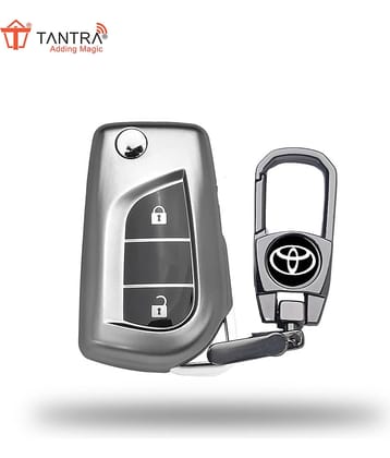 TANTRA TPU Key Cover and Metal Keychain Compatible for Toyota Corolla | Altis | Innova Crysta 2 Button Car Smart Key (Grey)