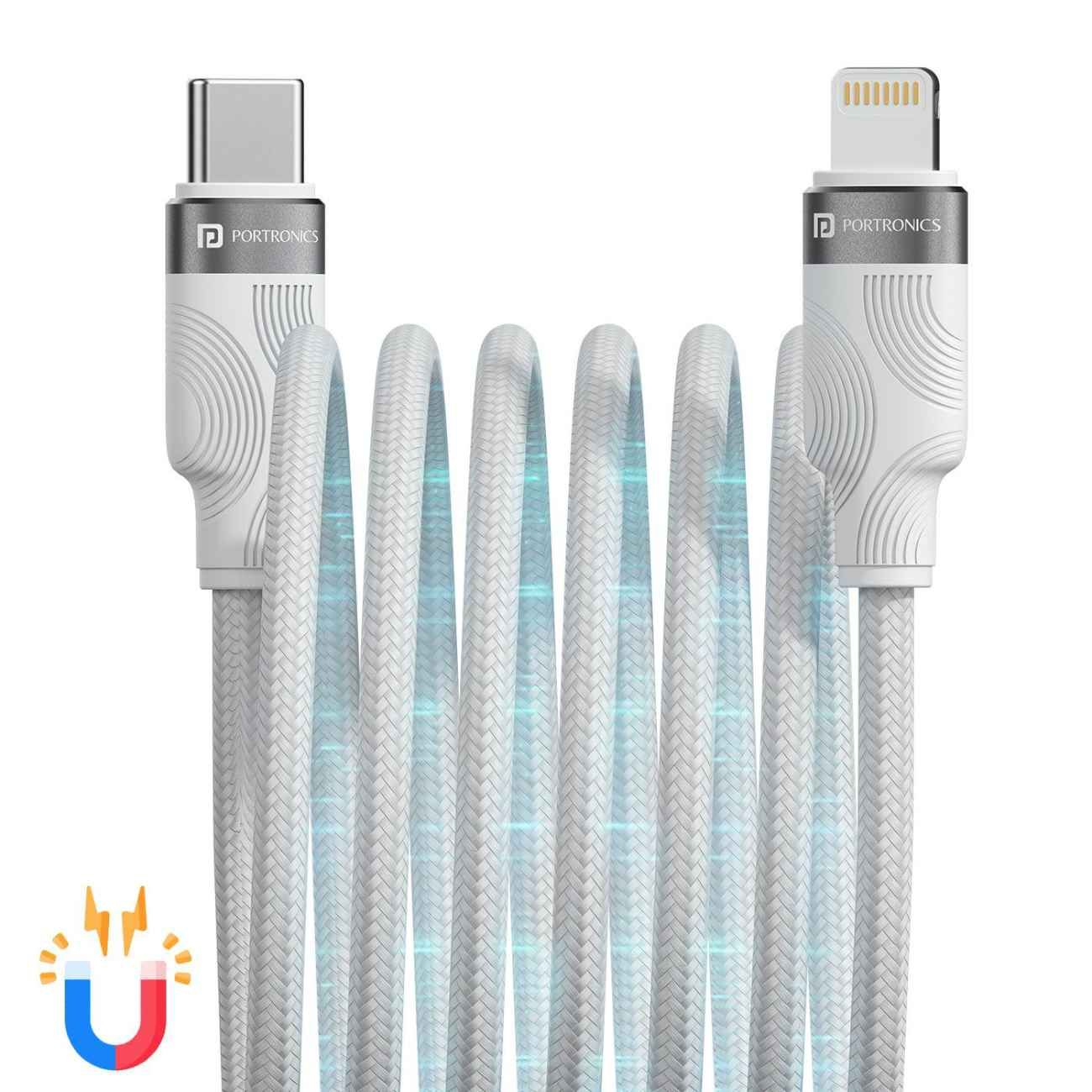 Portronics Maglink CL 27W Type C to 8 Pin Magnetic Coiled Cable, Strong Nylon Braided, Aluminium Alloy Material (White)