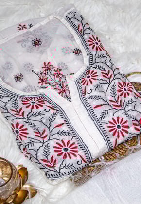 The Chikankari Story Pure Mulmul Chanderi Semi-Stitched Frock Gown with Dupatta: Fine Chikankari Hand Embroidery, Contrast Bakhia Work, and Moti Cut Dana Highlights having 3 meter kurta and 2.5 d