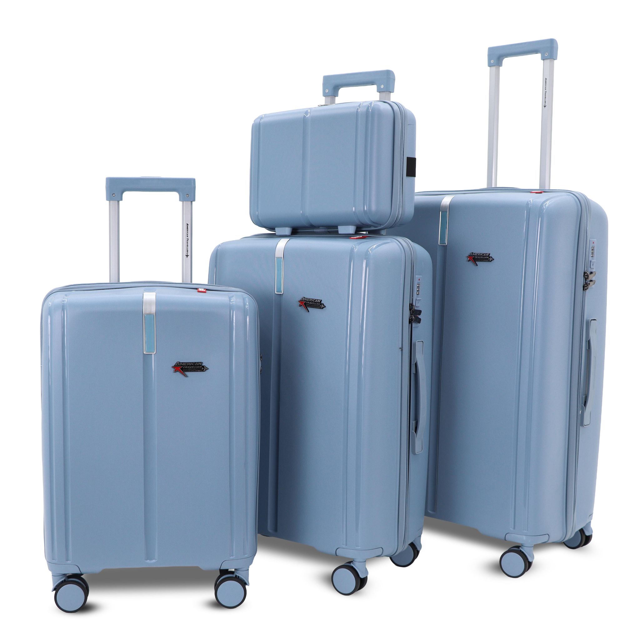 AMERICAN TRAVELLER Tokyo Polypropylene 4-Piece Luggage Trolley Bag Set | TSA-Type Lock, 360 Spinner Wheels, Durable Hard Shell Suitcase for Travel (4, Grey Blue, Mini,Small,Medium,Large)