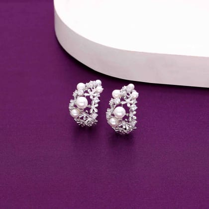 Sterling Twirly Pearl Silver Hoops Earrings-Pearl / Silver