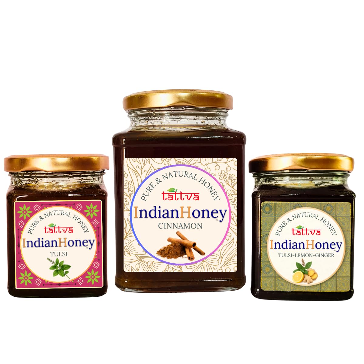 IndianHoney cinnamon, tulsi, & Ayurvedic & StressRelief Tulsi Infused Honey Triple Combo Pack (500gm + 2x230gm)