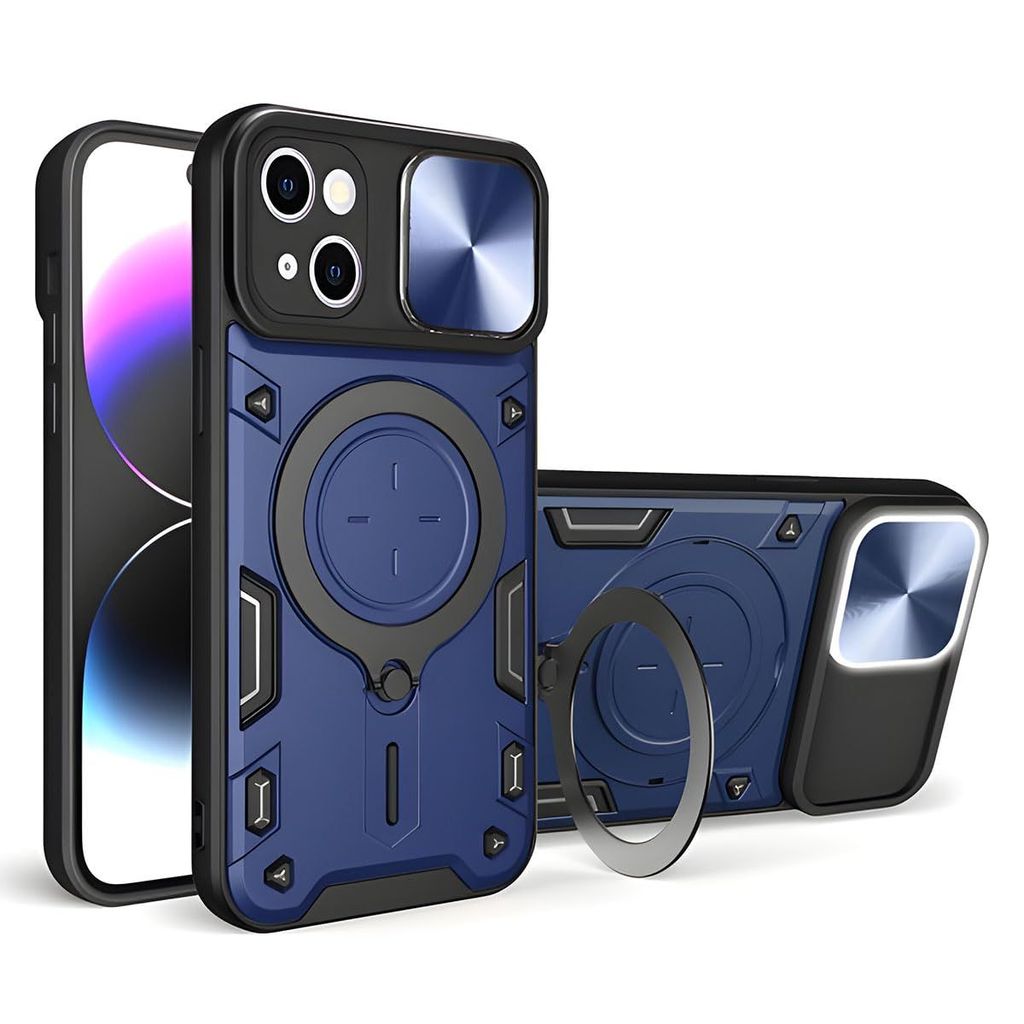 LIRAMARK Back Cover Case Compatible with iPhone 15 (6.1 inch) with Stand & Slider Camera Military Grade Drop Protection