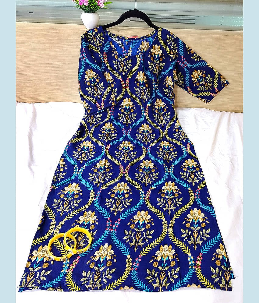 Ethnic Basket Pack of 1 Crepe Printed Straight Women's Kurti - ( Navy Blue )