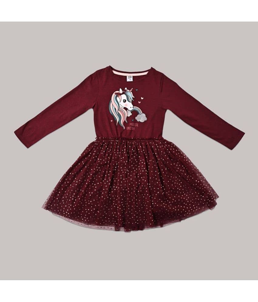Cherry Tree Cotton Blend Fit And Flare Dress For Girls ( Pack of 1 , Maroon )