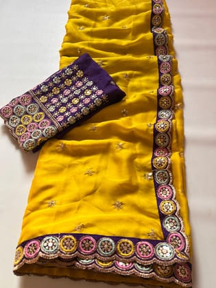 New Function Wear Yellow Color Satin Chiffon Silk Sequence n Embroidered Work Fancy Designer Saree