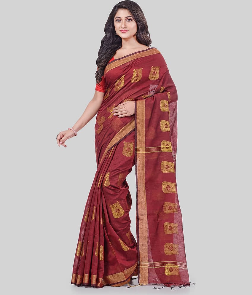Desh Bidesh Cotton Blend Self Design Saree With Unstitched Blouse Piece ( Brown )