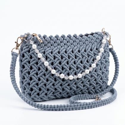 GREY MACRAME CROSSBODY BAG WITH FAUX PEARL DETAIL