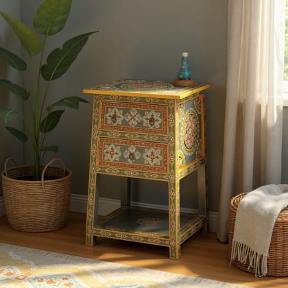 Wooden Handpainted Bedside With Desk Drawer Side