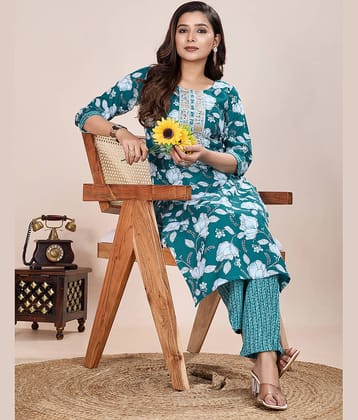 Women Basket Women Cotton Printed Straight Kurti With Pants ( Blue )