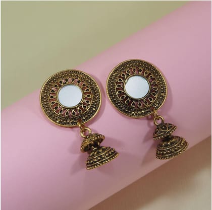 Antique Gold Plated Circular Design Small Mirror Work Jhumki- AER 384
