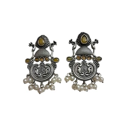 Anvaya Collections Antique Silver Oxidized Pearl Drop Earrings, Traditional Design with Yellow Stone