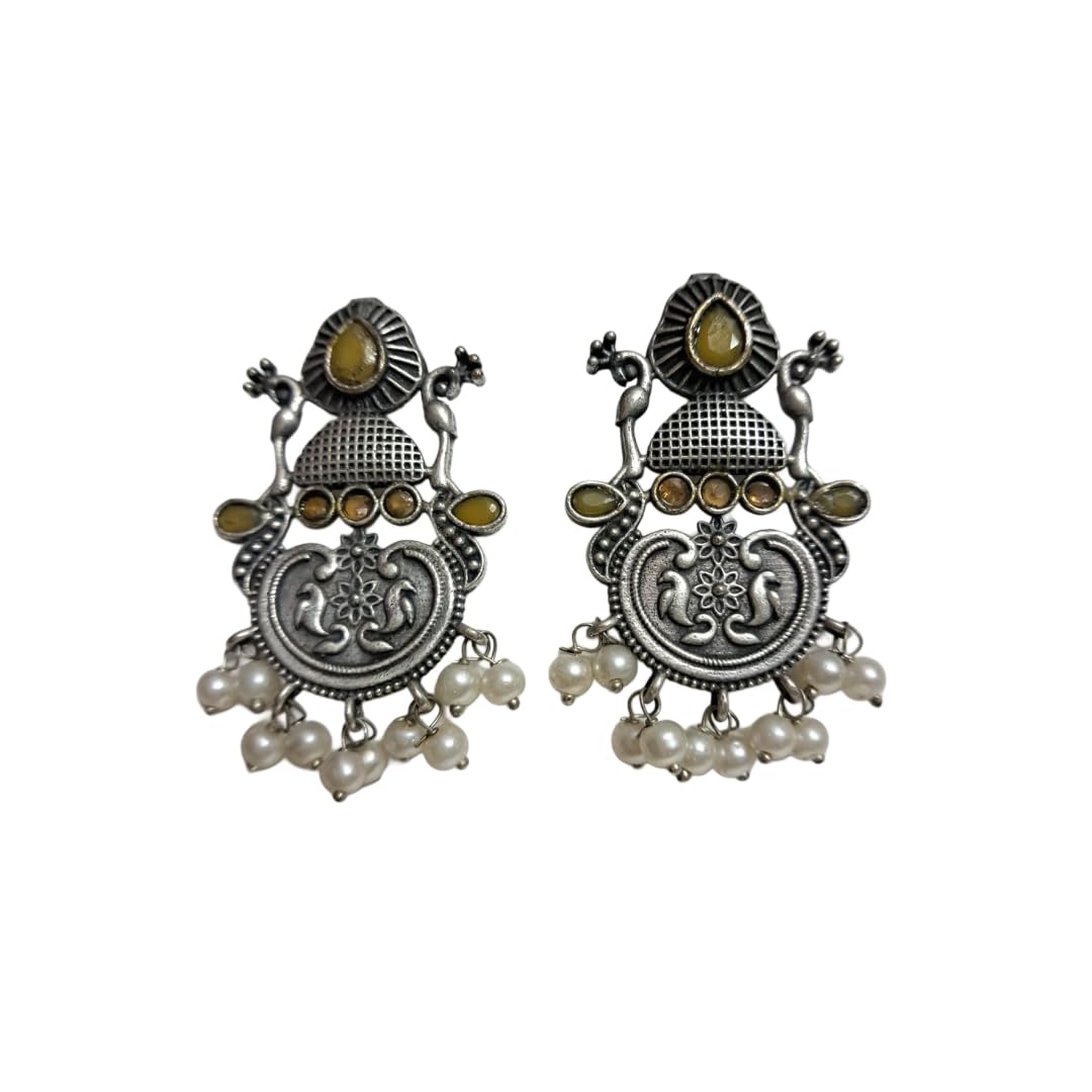 Anvaya Collections Antique Silver Oxidized Pearl Drop Earrings, Traditional Design with Yellow Stone