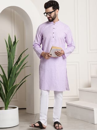 Men's Cotton Blend Checked Purple Kurta & Churidar Pyjama Set-36