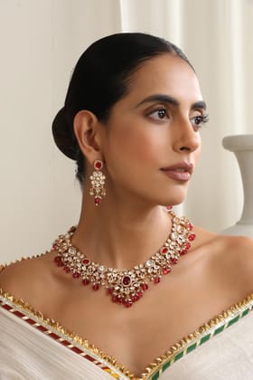 Noor Red Polki Necklace Set-Polki