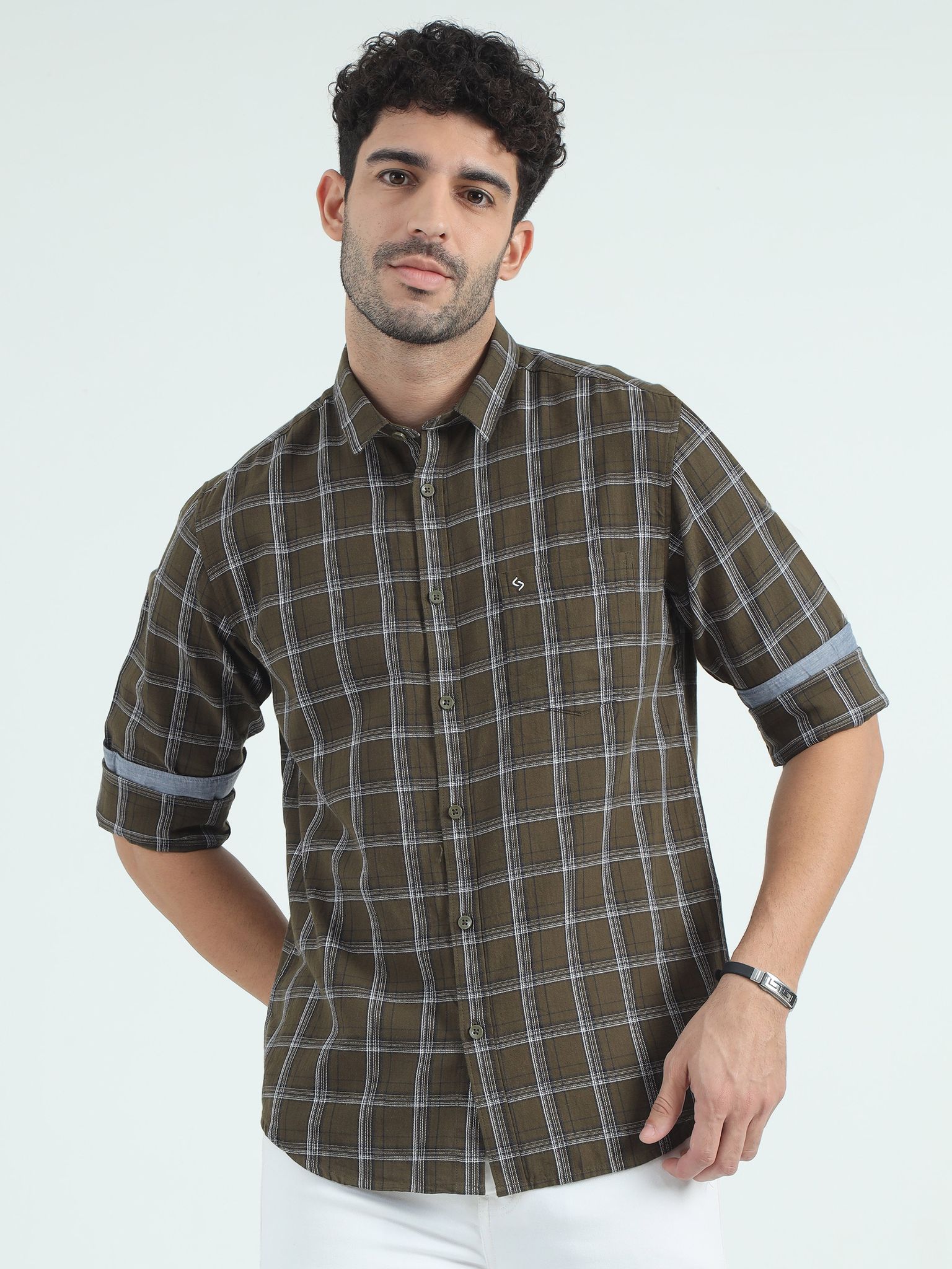 Classic Polo Men's Polo Neck Cotton Olive/White Slim Fit Checked Shirt | SO2-24 B-FS-CHK-SF