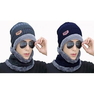 Fashlook Woolen Grey, Dark Blue Casual Winter Cap (Pack of 2)