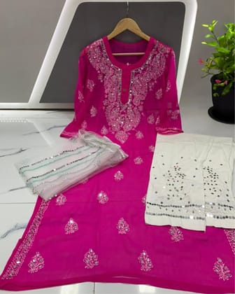 Stunning Georgette Kurti Dark Rose Pink Chikankari Gala Buti-42 (L)
