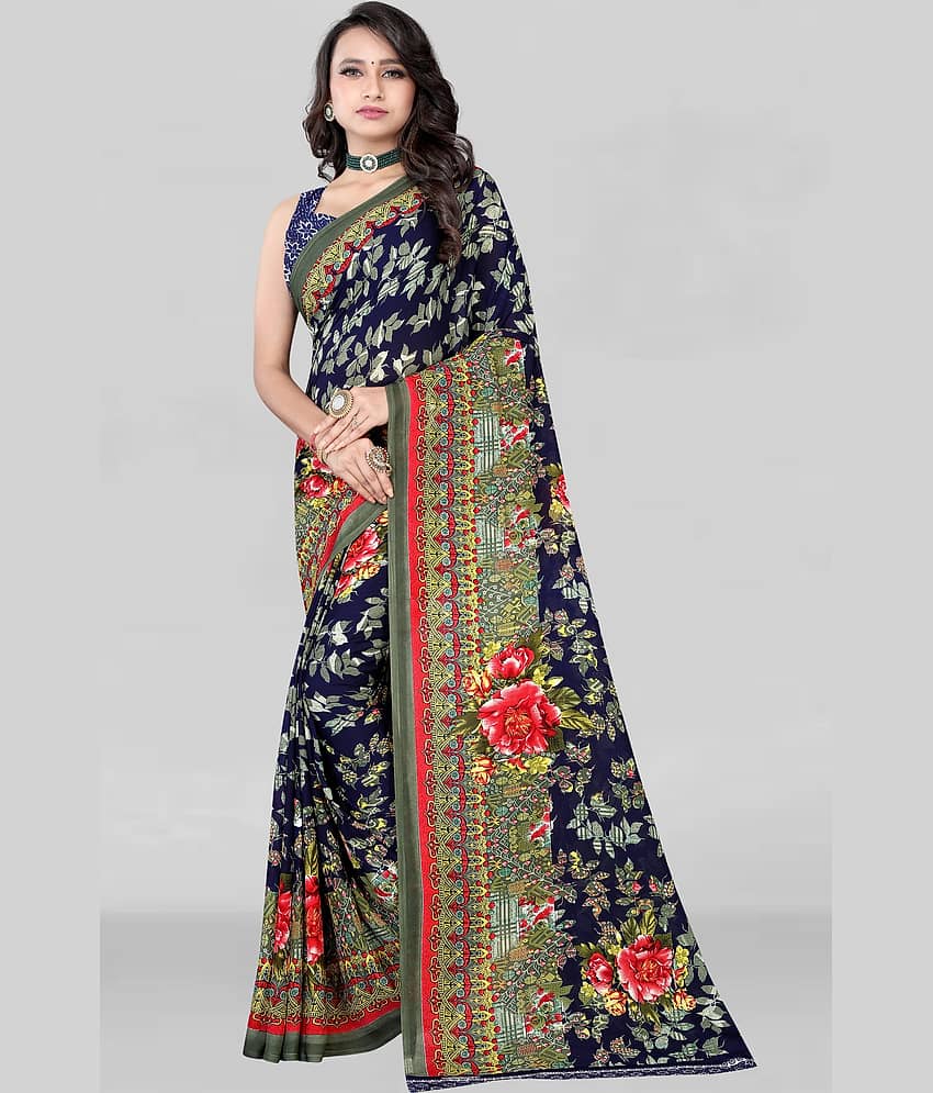 LEELAVATI Georgette Printed Saree With Unstitched Blouse Piece ( Navy Blue )