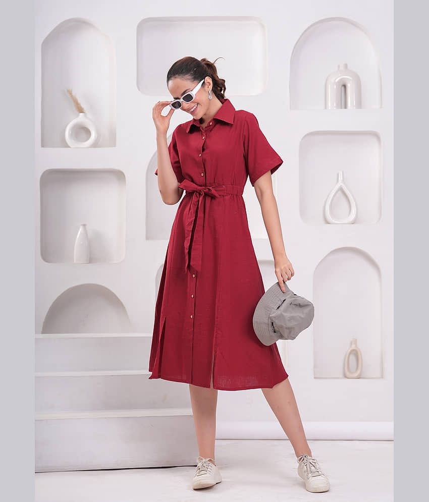 JC4U Women Cotton Solid Shirt Dress ( Red )