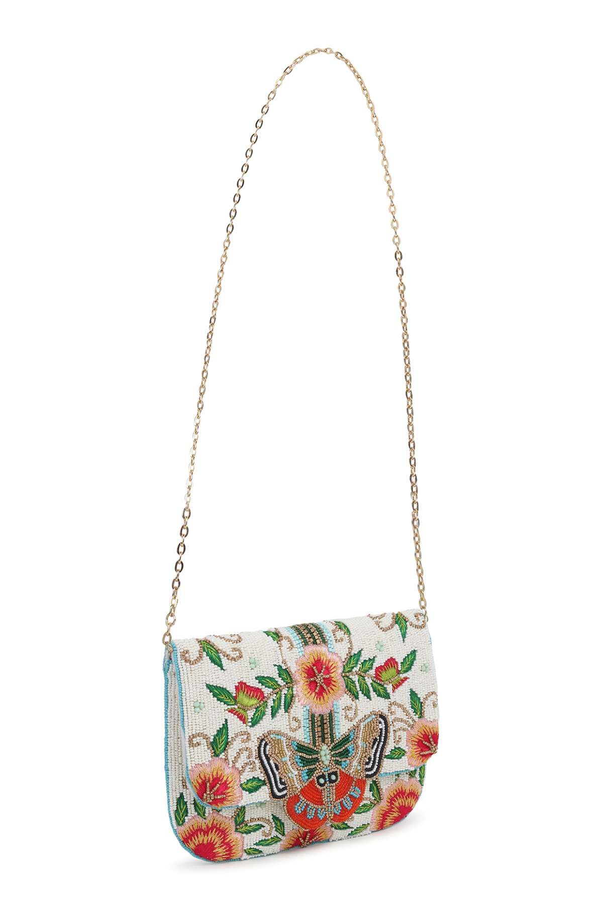 White Silk Butterfly Beaded Envelope Bag