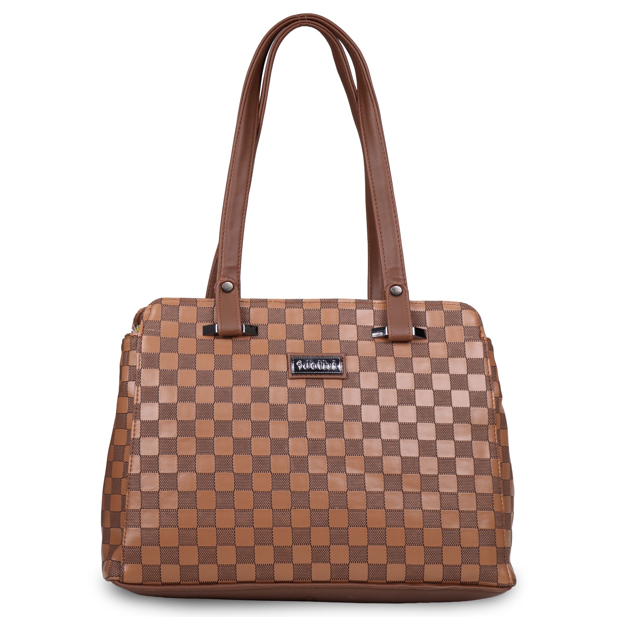 Jothi LuxeCheck Premium Womens Handbag | Multi-Compartment Synthetic Leather Tote | Checkered Woven Texture | Matte Finish | Water-Resistant | Soft Base | Brown