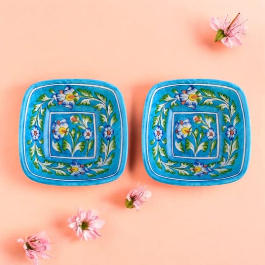 Set of 2 Floral Pattern Blue Pottery BowlsTurquoise6