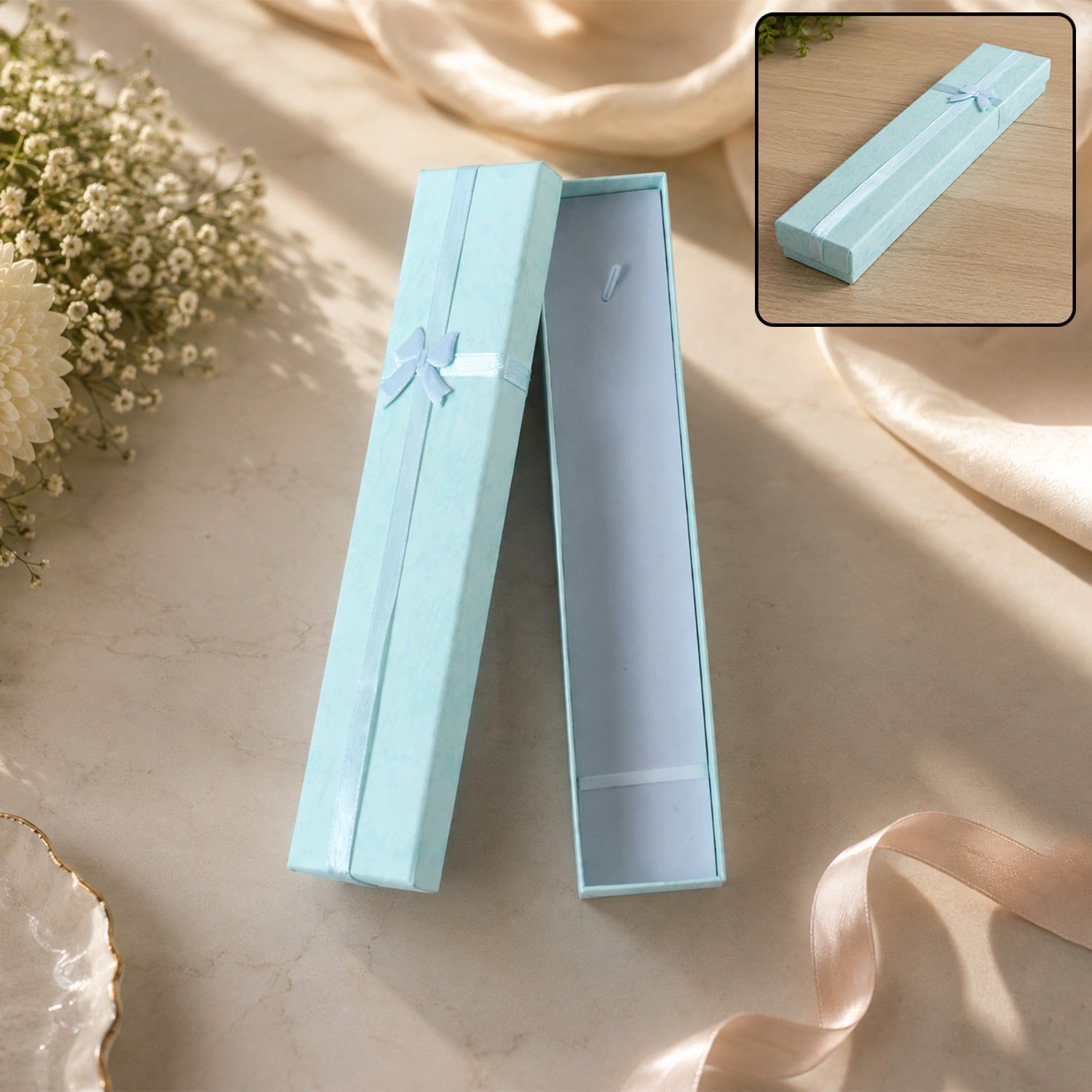 Long Rectangular Paper Empty Gift Box with Bow for Jewellery and Gifting